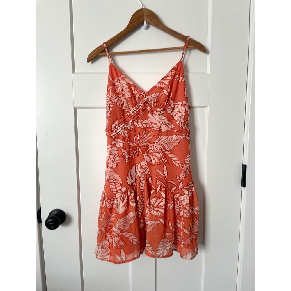 Forever 21 Tropical Floral Mini Dress Coral Orange Pink Leaf Print Size Large